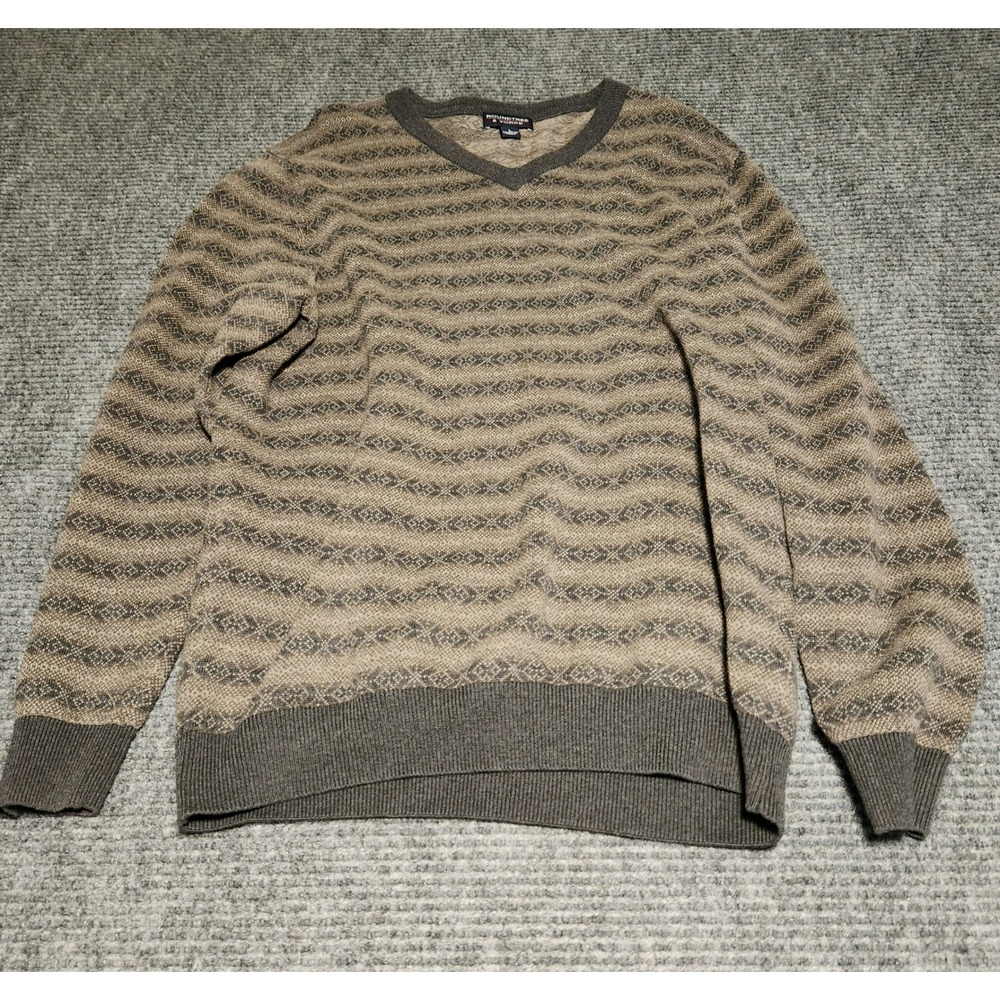 Roundtree & Yorke Mens V-Neck Sweater Brown Tan Geometric Fair Isle Knit Large